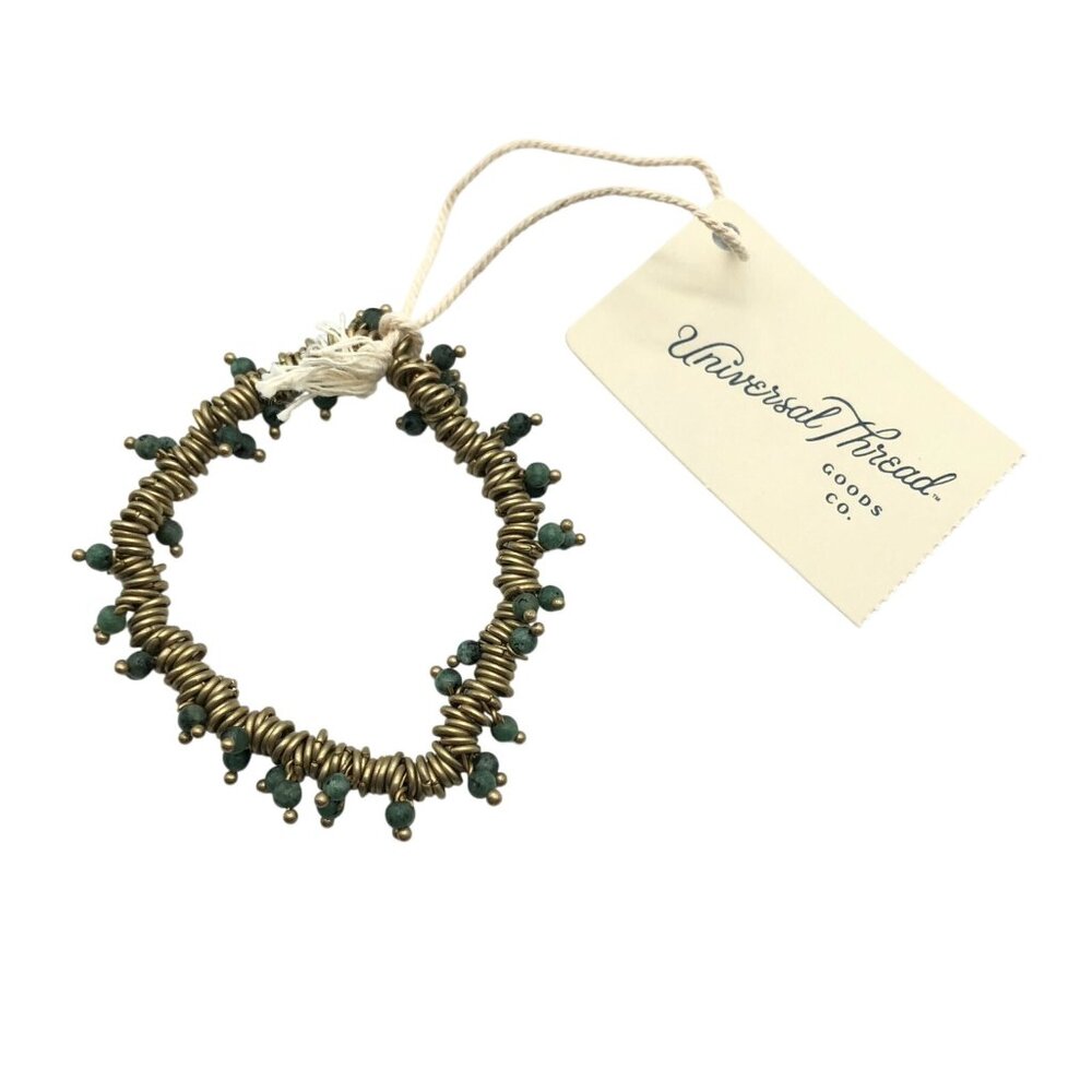 Universal Thread Bracelet Genuine Stone Beaded Green Stretch Rings Gold Tone
